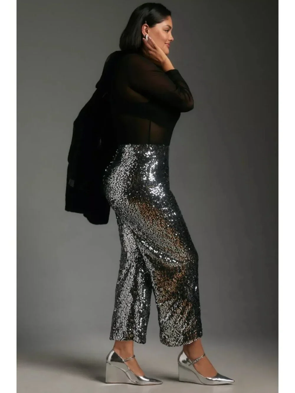 NWT Maeve by Anthropologie Colette in Black Silver Sequin Wide-Leg Crop Pants 28 - Picture 12 of 13
